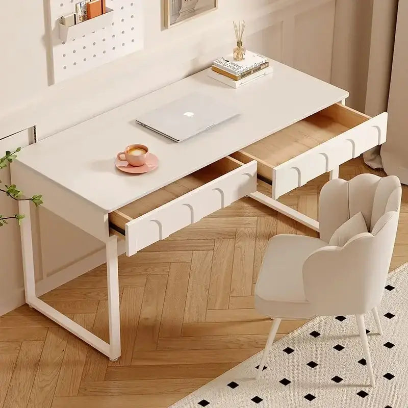 Modern french style cream wind rock board desk with curved drawer fronts and sleek metal legs for bedroom writing table decorbites cream wind