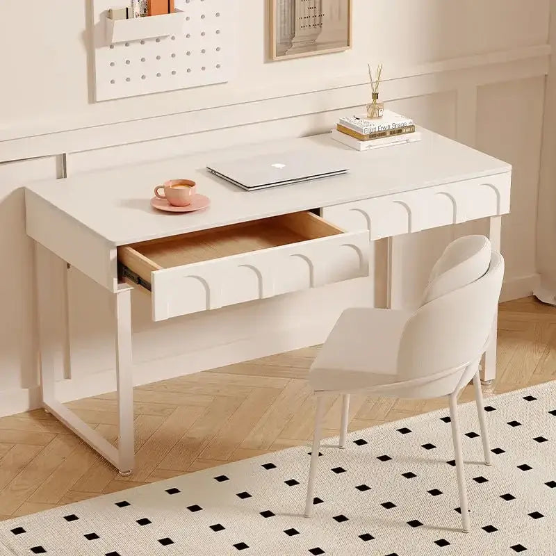 White rock board desk with single arched drawer and light wood interior paired with cream wind rock chair decorbites cream wind