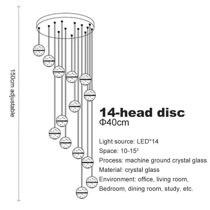 A modern 14-head frosted crystal ball chandelier pendant light with sleek circular top and hanging glass spheres