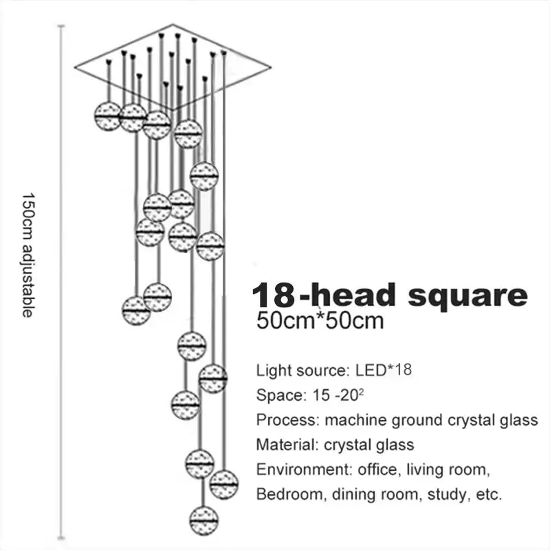 Modern frosted 18-head square crystal ball chandelier pendant light with led lights for staircase decorbites crystal ball decor