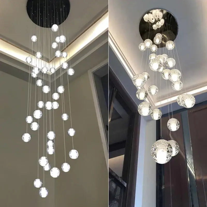 Modern frosted crystal ball chandelier pendant light with cascading spherical orbs and black circular ceiling mount
