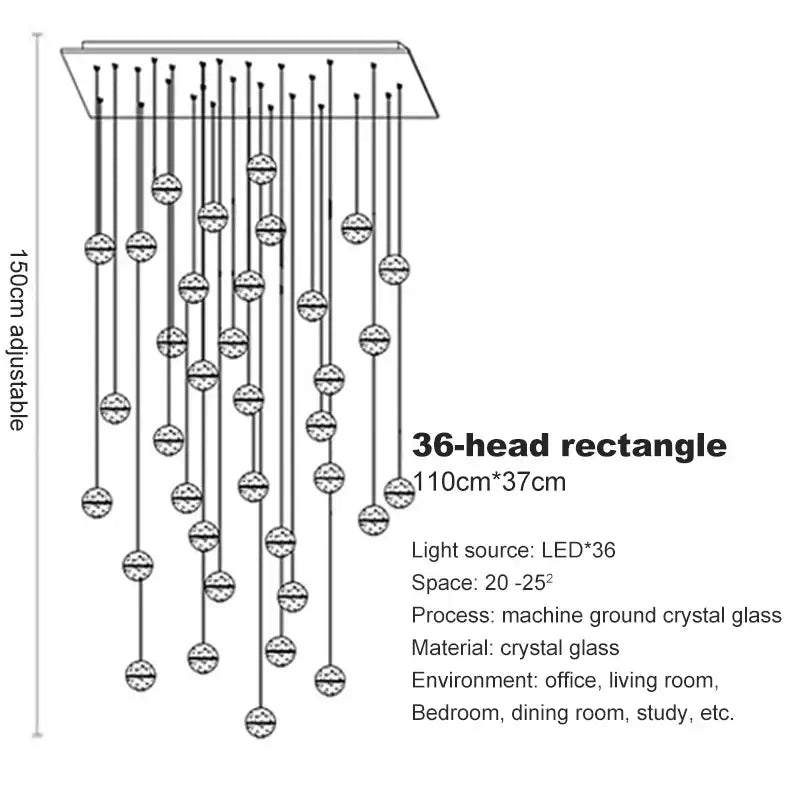 Modern frosted crystal ball chandelier pendant light with 36-head rectangular crystal glass and led lights for decorbites decor
