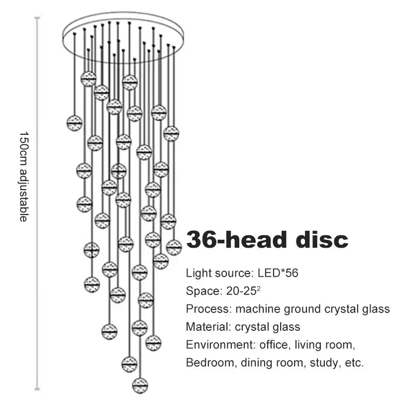 Modern frosted crystal ball chandelier pendant light with 36 machine ground crystal glass discs and sleek cascading design