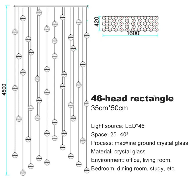 Modern frosted crystal ball chandelier pendant light with 46-head rectangular led and machine-ground crystal beads