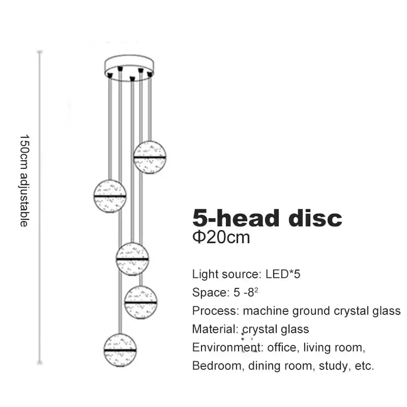 Modern frosted crystal ball chandelier pendant light with five spherical crystal glass discs by decorbites
