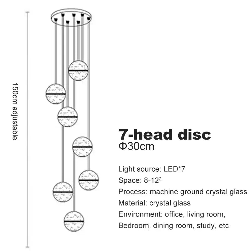 Modern frosted crystal ball chandelier pendant light with seven crystal glass discs suspended by slender rods