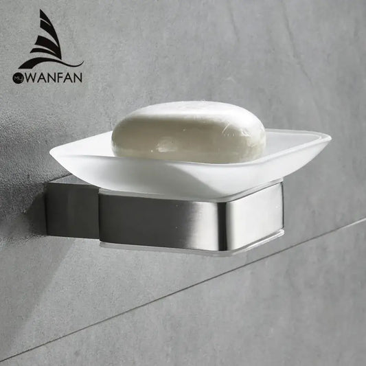 Modern frosted glass soap holder with decorbites black finish wall mount and stainless steel base holding white soap