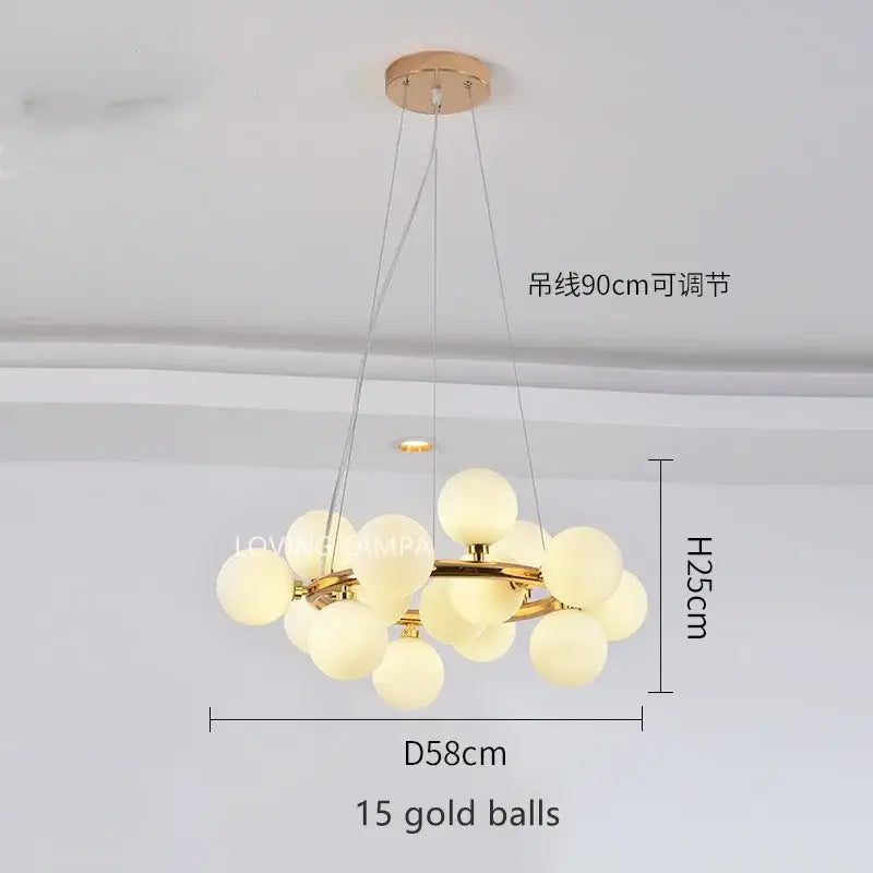 A modern frosted glass ball led chandelier with 15 globe bulbs and gold-toned frame for dining room decorbites glass ball