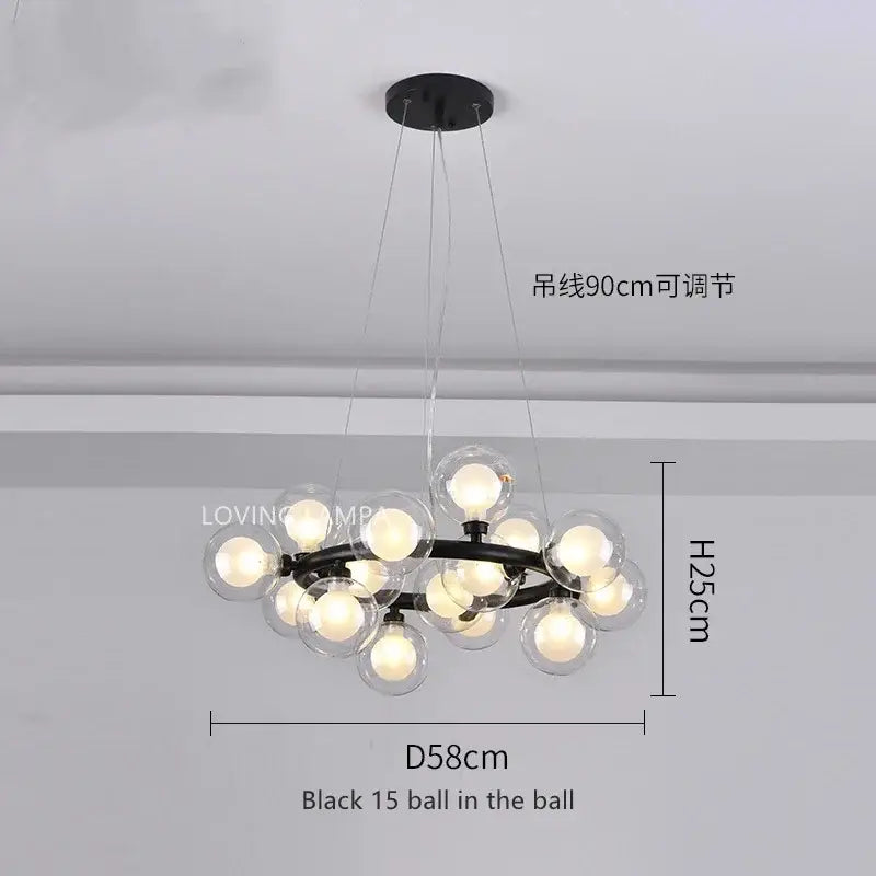 Black metal modern frosted glass ball led chandelier with fifteen clear glass globe bulbs for dining room decorbites glass ball
