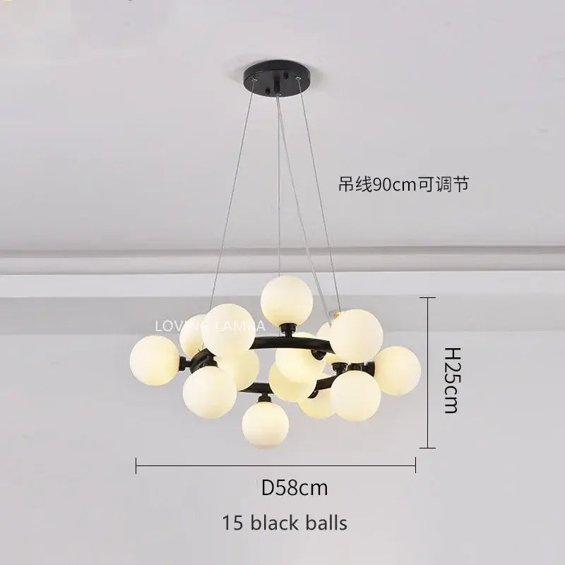 Modern black metal ball led chandelier with 15 frosted glass globe bulbs for dining room decorbites glass ball pendant light