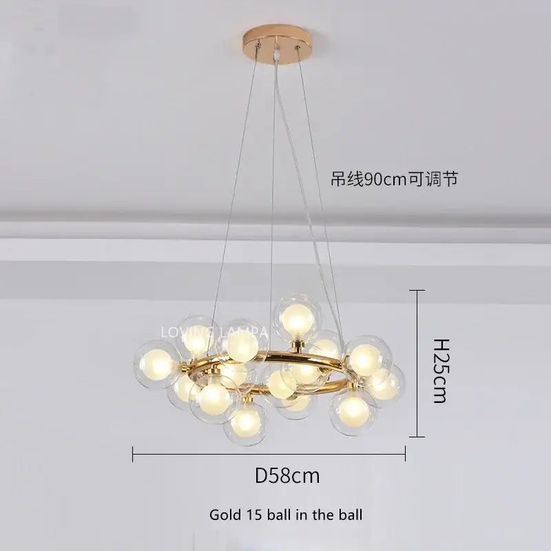 Modern frosted glass ball led chandelier with gold-toned 15 glass globe bulbs for elegant dining room decorbites glass ball