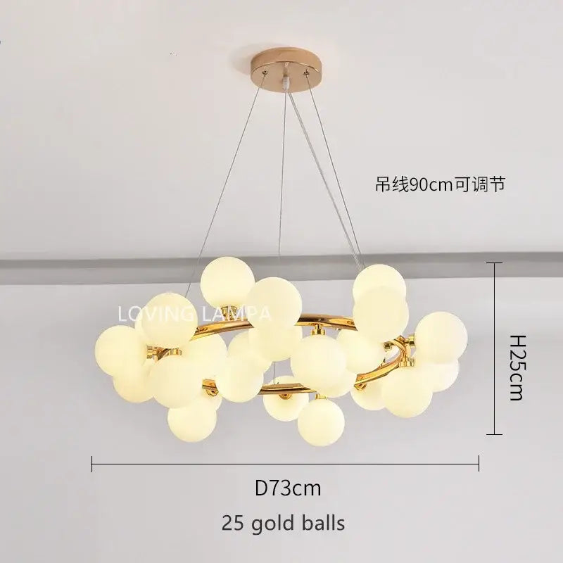 Modern frosted glass ball led chandelier with 25 gold-toned glass spheres for dining room decorbites glass ball lighting