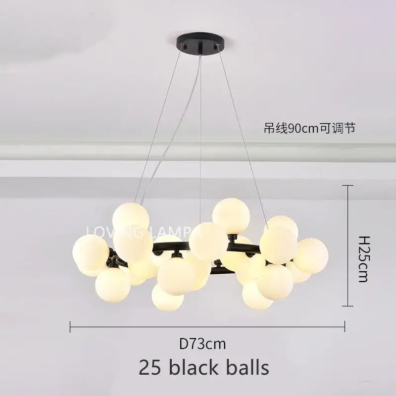 Modern black metal ball led chandelier with 25 frosted glass globe bulbs for dining room decorbites glass ball lighting