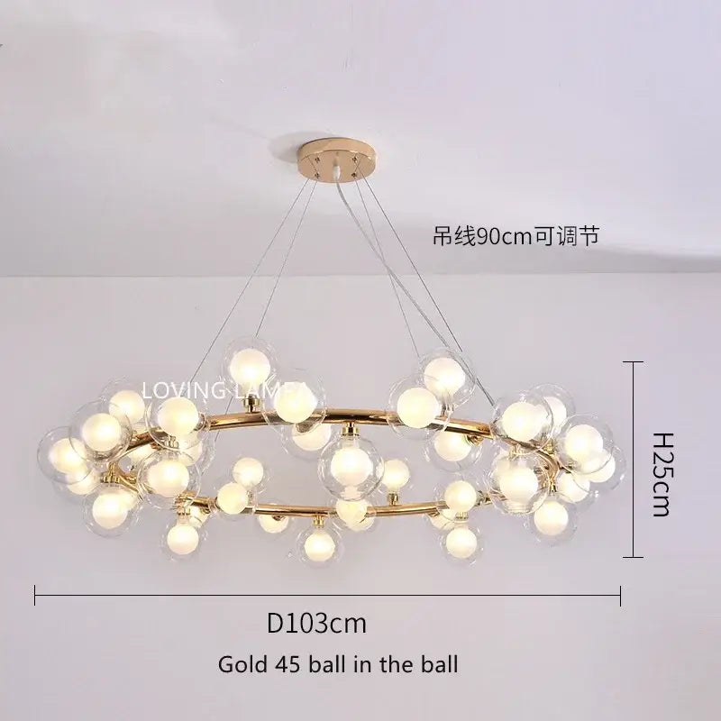Modern frosted glass ball led chandelier with 45 clear glass globes in gold tone for stylish dining room decorbites glass ball