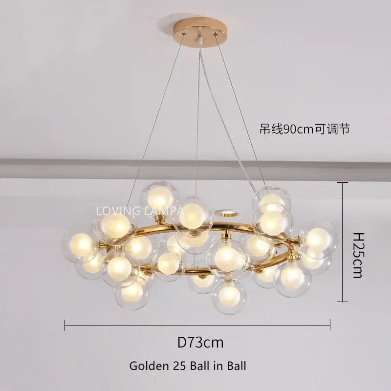 Modern frosted glass ball led chandelier with 25 clear glass globe bulbs on brass frame for dining room decorbites glass ball