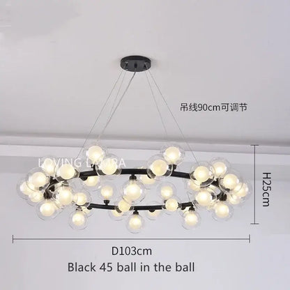 Black modern ball led chandelier with 45 clear glass globe bulbs in a circular pattern for dining room decorbites glass ball