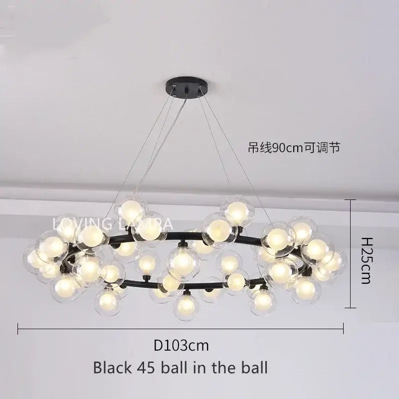 Black modern ball led chandelier with 45 clear glass globe bulbs in a circular pattern for dining room decorbites glass ball