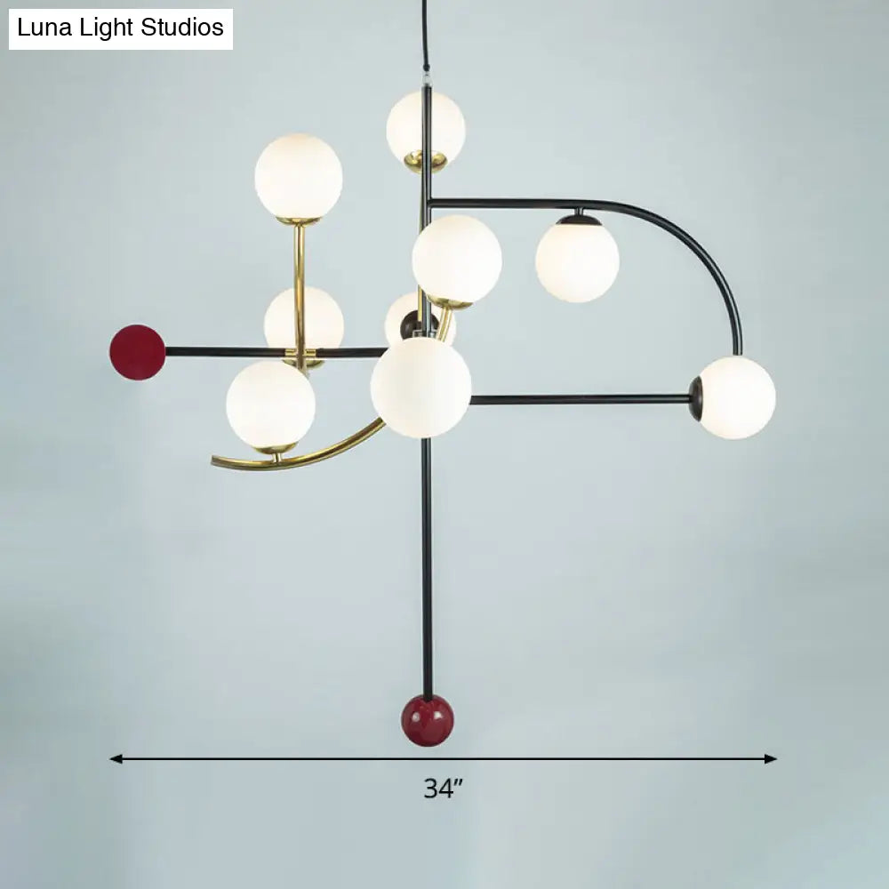 Lámpara de araña moderna de cristal esmerilado con luz colgante de 9 bombillas - Elegante lámpara esférica para salón (brazo negro y dorado)