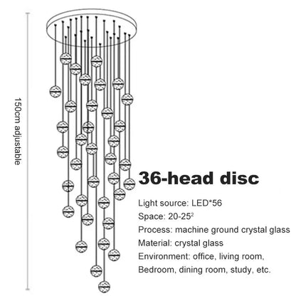 A modern frosted glass crystal ceiling chandelier with 36 machine-ground disc heads for staircases decorbites crystal ceiling