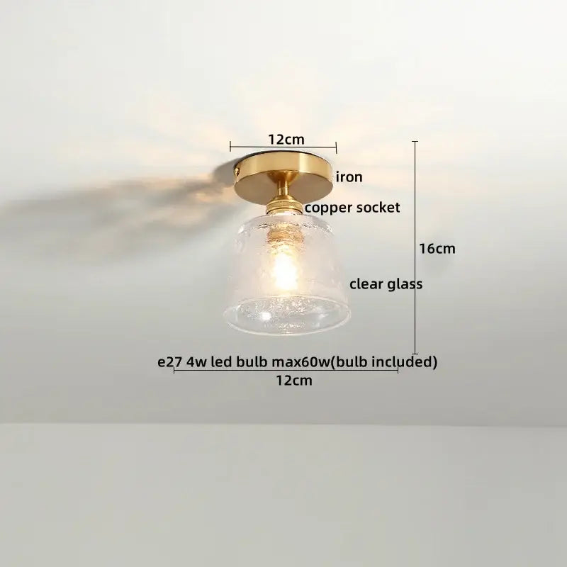 Modern frosted glass led ceiling light with brass-finished iron frame clear glass shade and copper socket for corridors