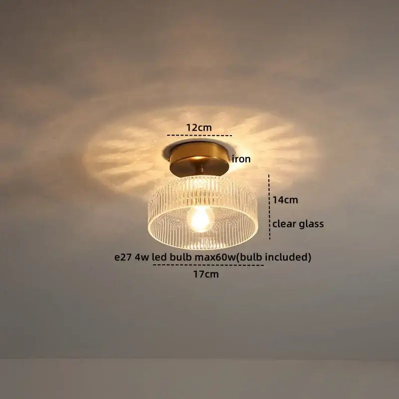 Modern brass-finished iron ceiling light with clear ridged glass shade for glass led ceiling and led ceiling light use