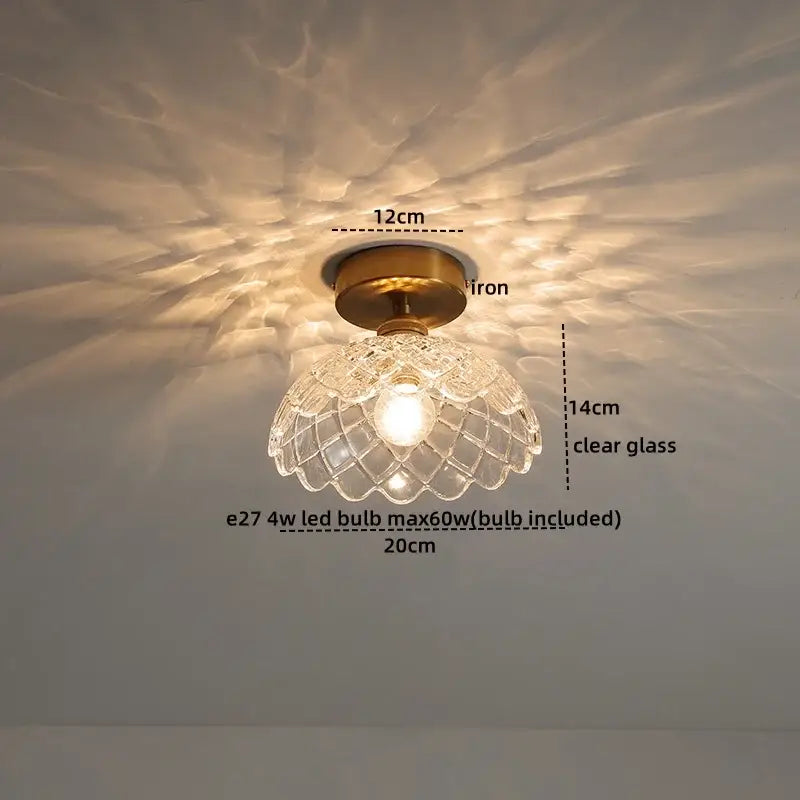 Modern frosted glass led ceiling light with clear glass and brass iron base featuring intricate diamond-cut design