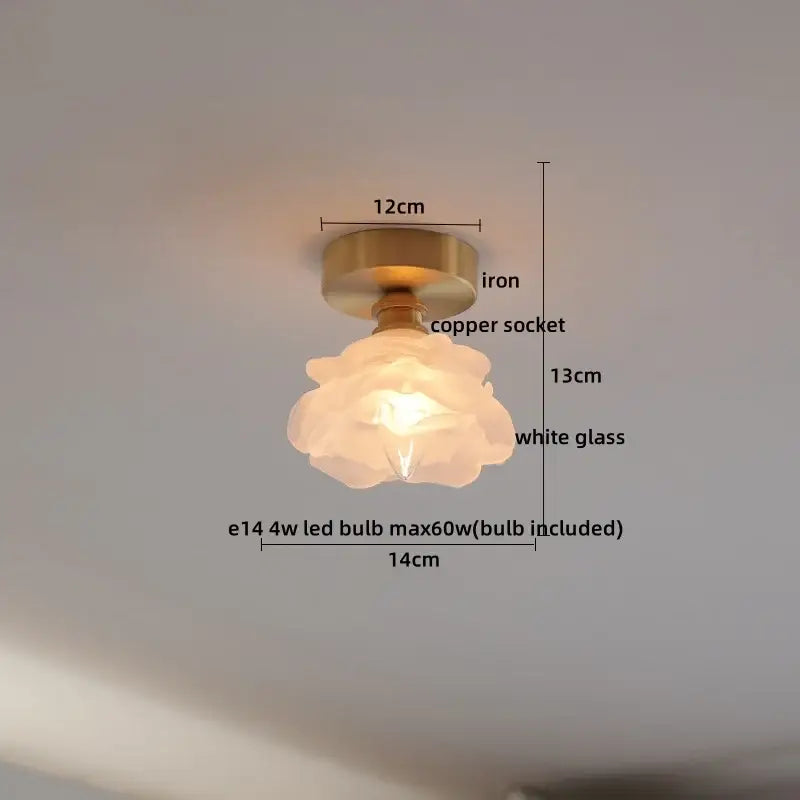 Modern frosted glass led ceiling light with delicate white glass flower shape and brass iron base for corridor use
