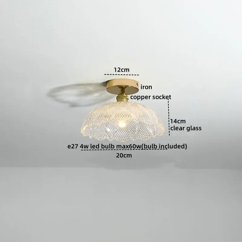 Modern frosted glass led ceiling light with a delicate clear scalloped glass pendant and brass-toned iron mounting hardware