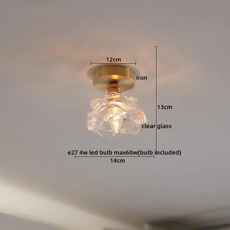 Modern frosted glass led ceiling light with a delicate clear glass crystal pendant and brass iron base for corridors