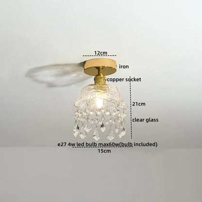 Modern frosted glass led ceiling light with delicate crystal chandelier and brass iron base for elegant corridor lighting