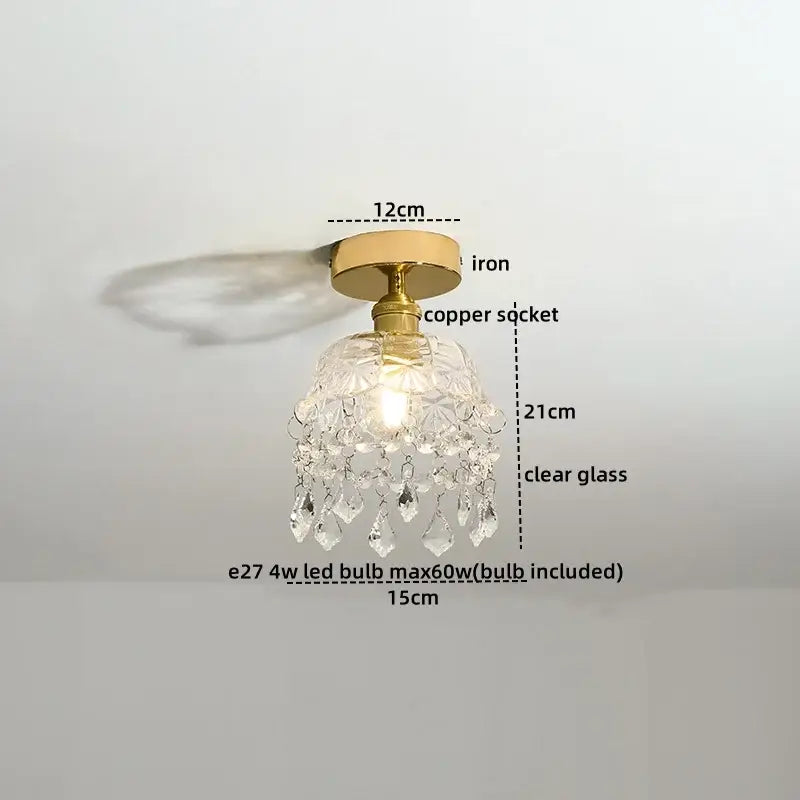 Modern frosted glass led ceiling light with delicate crystal chandelier and brass iron base for elegant corridor lighting