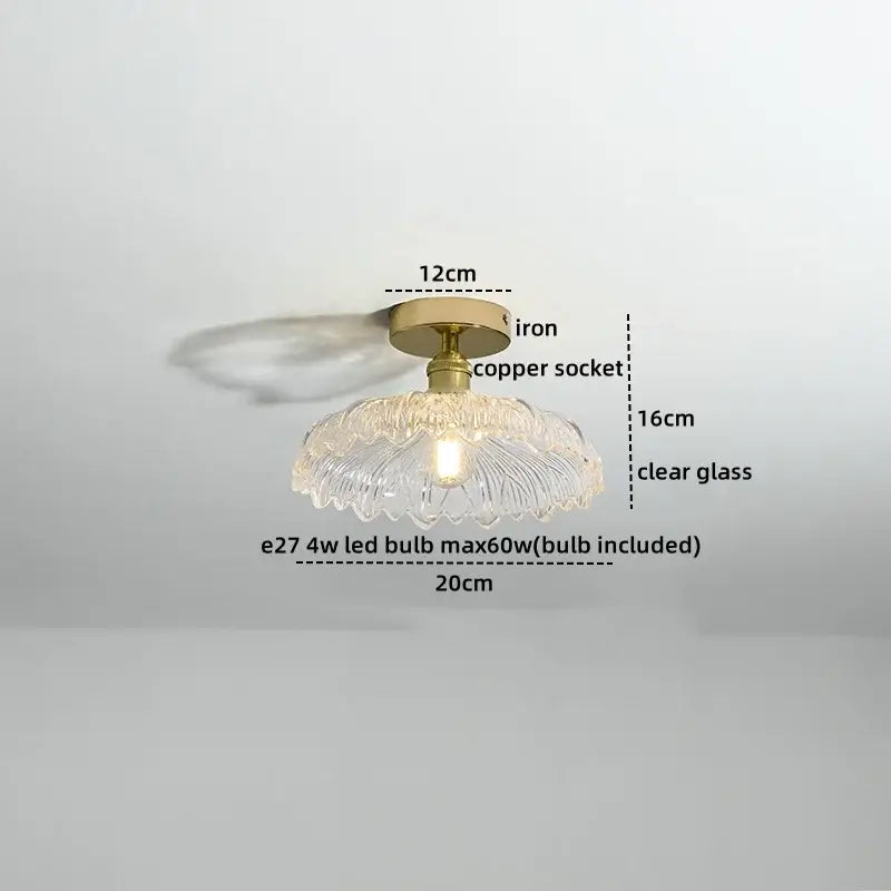 Modern frosted glass led ceiling light with delicate clear fluted design and brass iron mounting hardware for corridors