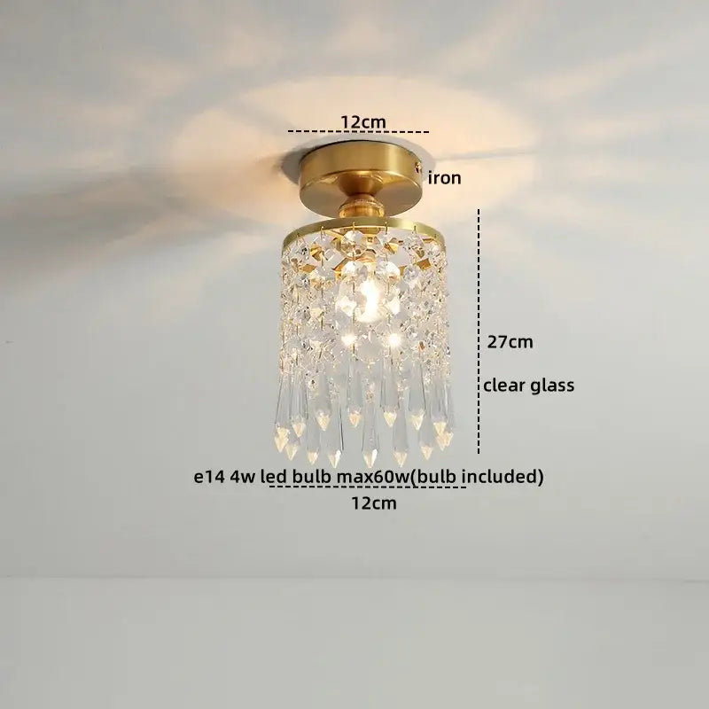 Modern frosted glass led ceiling light with golden iron fixture and cascading clear glass crystal droplets for corridor use