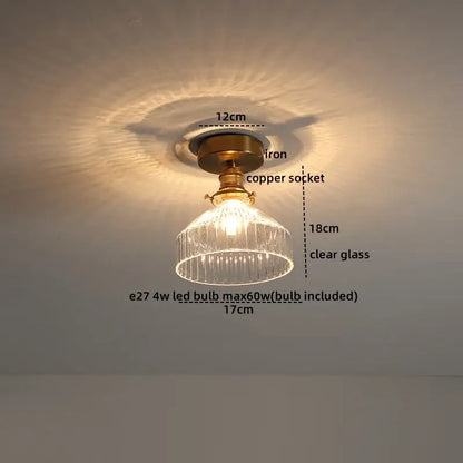 Vintage-style ceiling light with brass iron base copper socket and clear ribbed glass shade for glass led ceiling use
