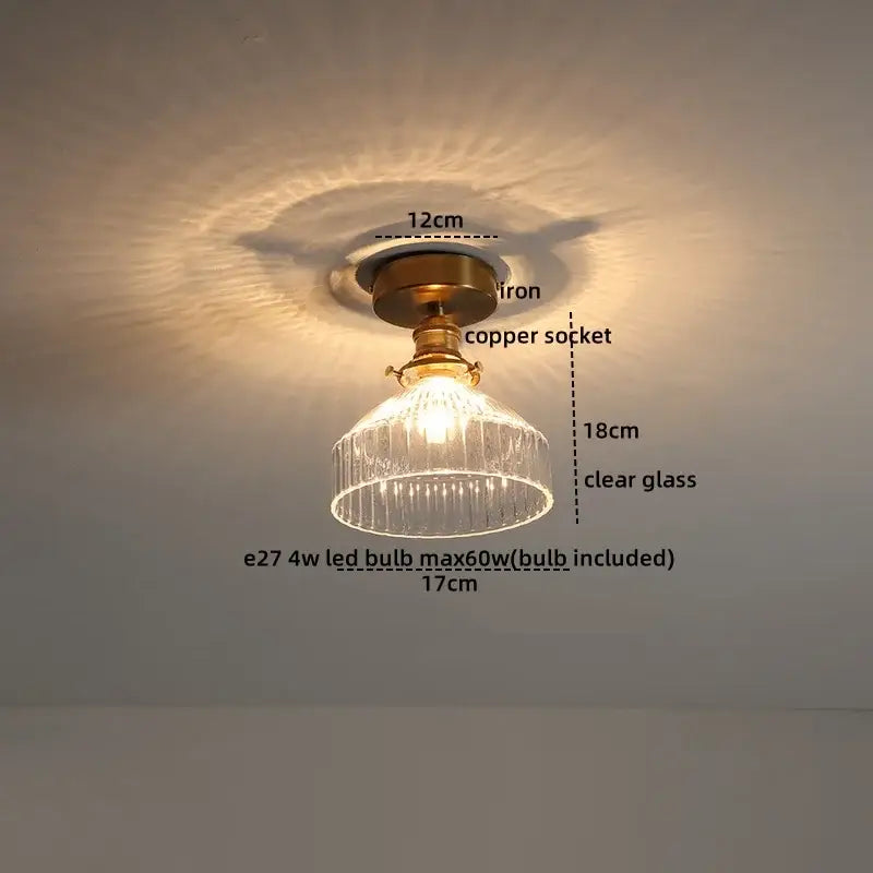 Vintage-style ceiling light with brass iron base copper socket and clear ribbed glass shade for glass led ceiling use
