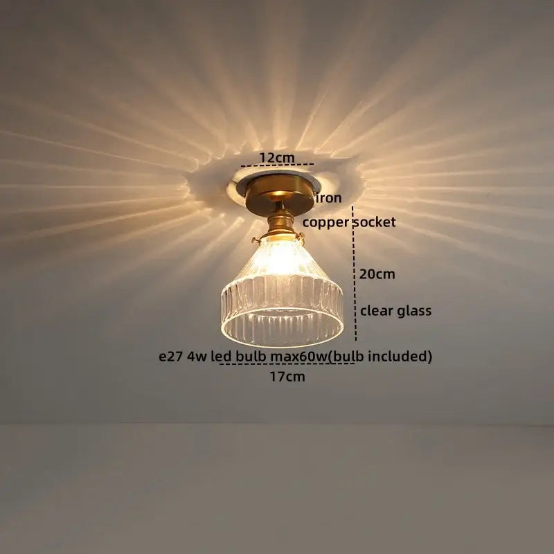 Modern frosted glass led ceiling light with brass iron socket and clear ribbed glass shade for corridors