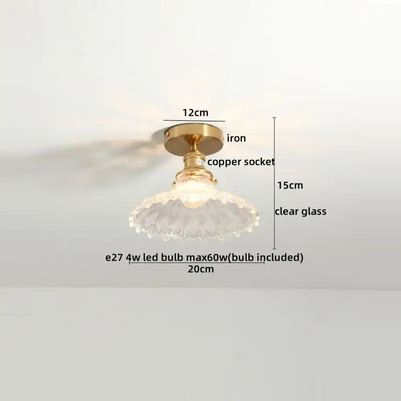 Modern frosted glass led ceiling light with brass iron base copper socket and clear faceted glass shade for corridor use