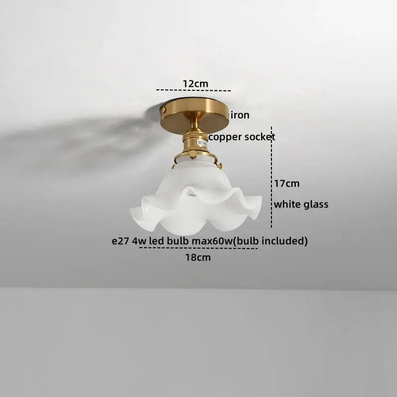 Modern frosted glass led ceiling light with brass iron base copper socket and ruffled white glass shade for corridors