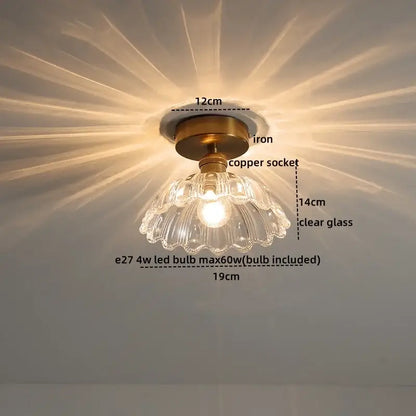 Modern frosted glass led ceiling light with a vintage brass iron base copper socket and clear fluted glass shade