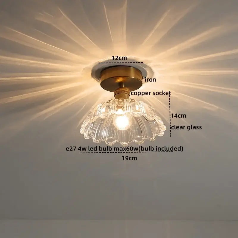 Modern frosted glass led ceiling light with a vintage brass iron base copper socket and clear fluted glass shade