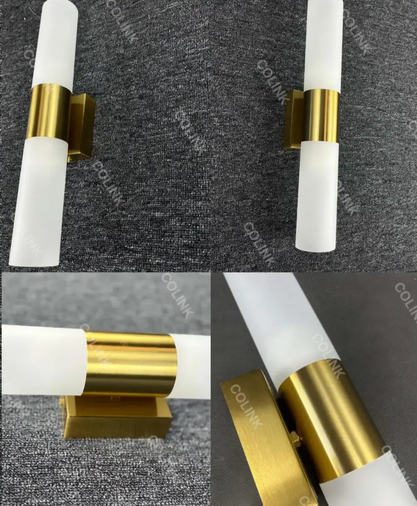 Modern frosted glass led wall lamp with polished brass accents designed as a bedroom wall sconce in gold finish