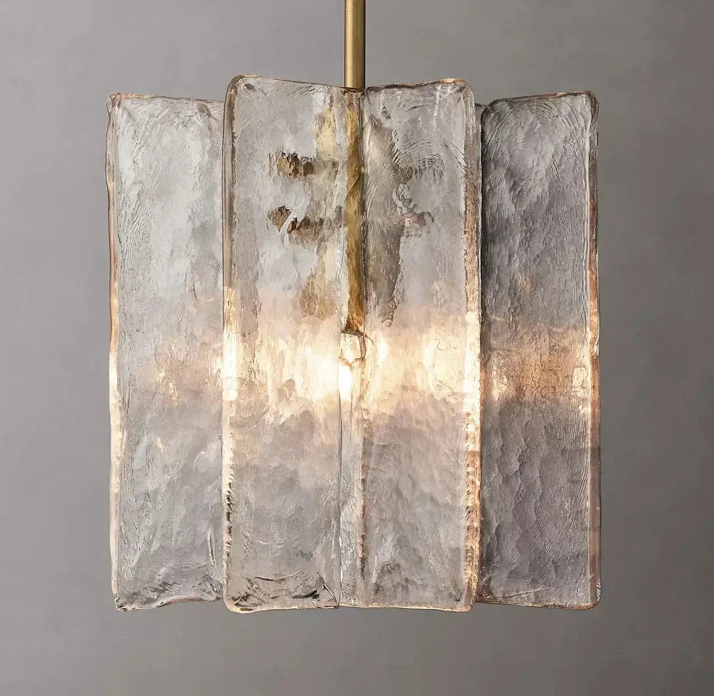 Modern frosted gray glass lattice pendant light with four textured panels suspended by brass rod for dining room decorbites pendant lights
