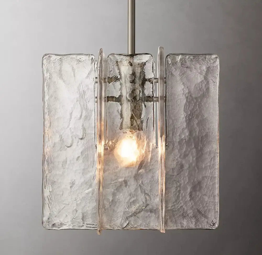 Modern frosted gray glass lattice pendant light features textured translucent panels framing an exposed bulb for dining room decor