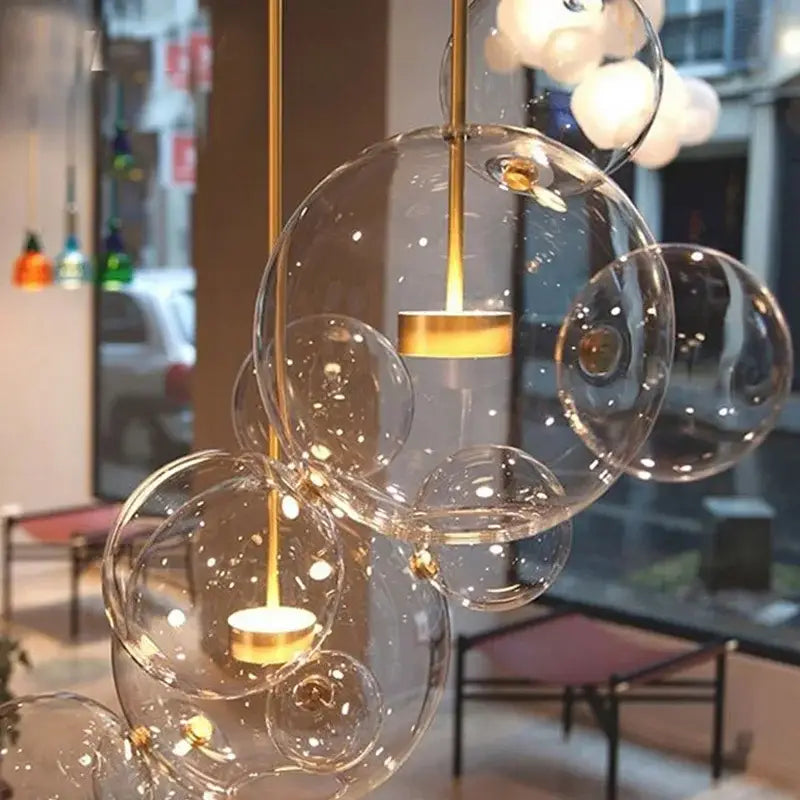 Modern frosted white decorbites bubble ball pendant light with clear glass and gold accents for kitchen island lighting