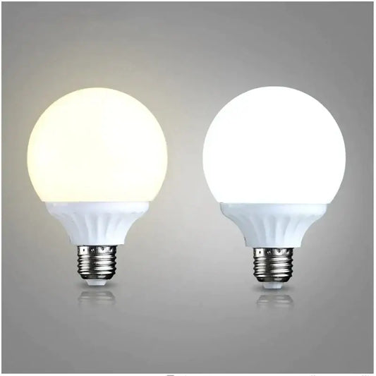 Two white frosted glass e27 9w led bulbs with metallic screw bases for high brightness round bedroom lighting