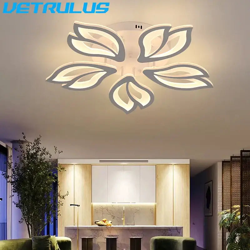 Modern geometric acrylic led ceiling light in white with a sleek leaf-shaped design by decorbites for living room decor