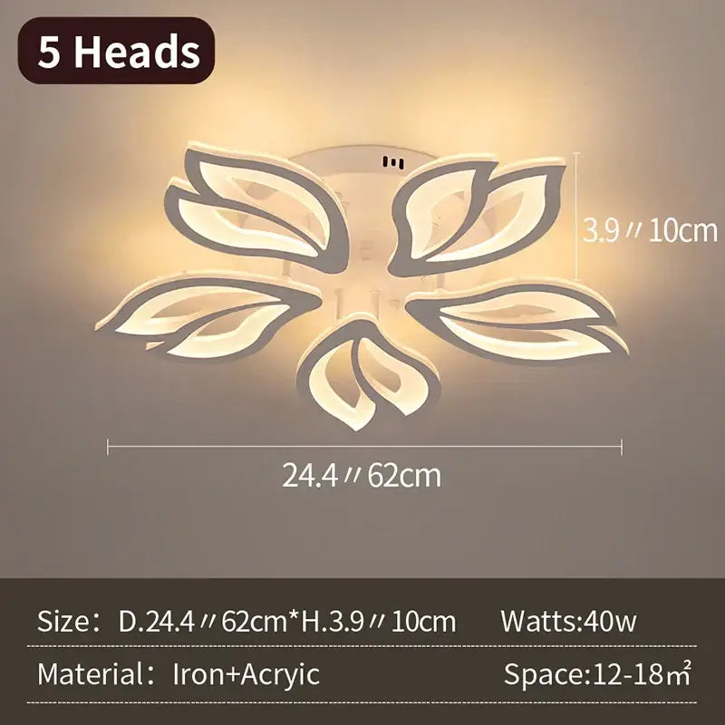 Modern geometric acrylic led ceiling light featuring a five-leaf iron and acrylic design for living room decorbites decor