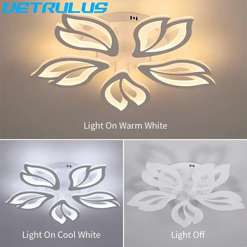 Modern geometric acrylic led ceiling light with leaf-shaped white and gray design and warm white illumination for living room