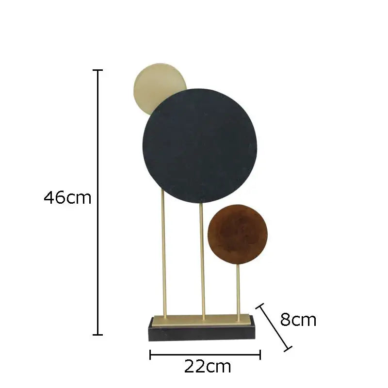 Modern geometric alloy marble base statue with three matte black beige and brown discs on gold rods for home decor