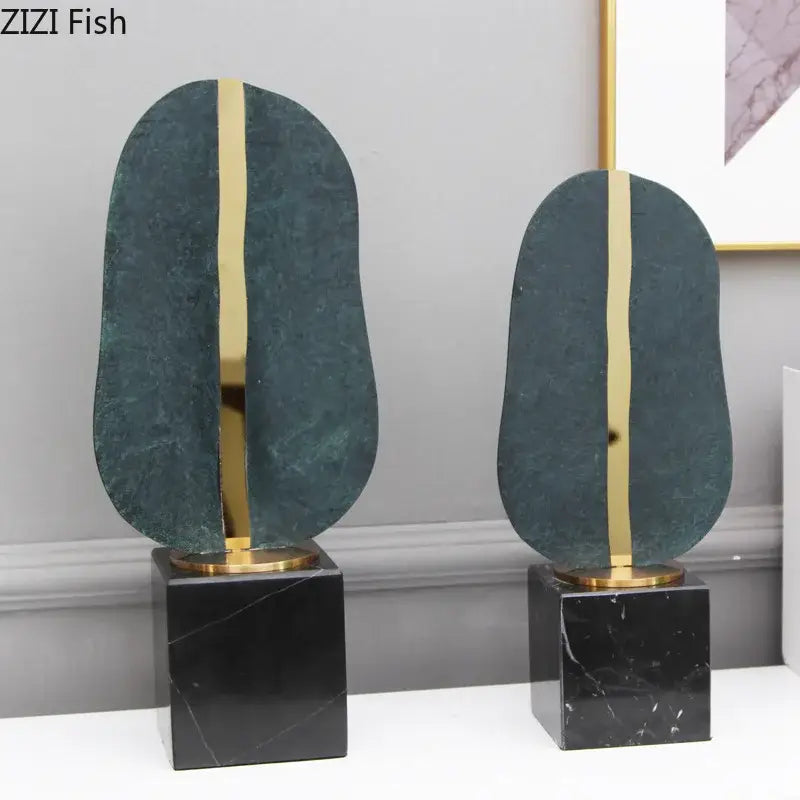 Modern abstract sculptures with dark green marble and gold strip on black marble base for home decor by decorbites geometric alloy